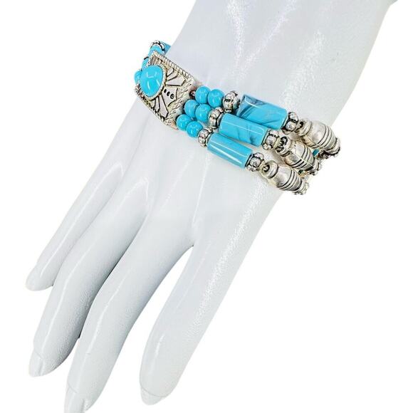 Premier Designs Bracelet Three Strands Blue Multi-Shape Beads Silver Plated 7.5" - Picture 2 of 13